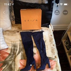 Dark blue fabric thigh high boots